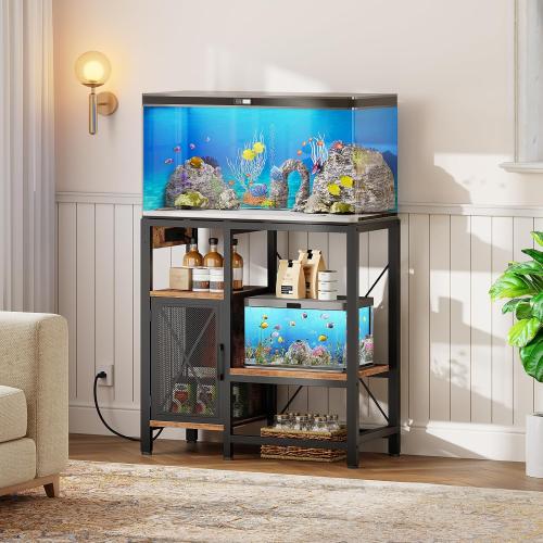 MAHANCRIS 20-37 Gallon Fish Tank Stand, Aquarium Stand with Power Outlet and Storage Cabinet, Heavy Duty Tank Stand Suitable for Turtle Tank, Reptile Terrarium, for Home Office, Rustic Brown FTHR40E01