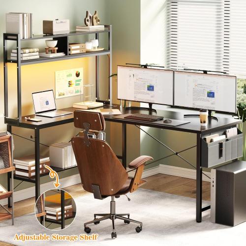 Aheaplus L Shaped Desk Gaming Desk, 59 L Shaped Computer Desk with LED Light & Power Outlet, Reversible Home Office Desk Gamer Desks with Shelves & Storage Bag & Hooks, Corner PC Desk, Black
