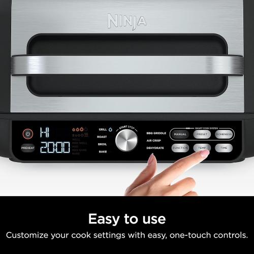 Black 12 Ninja IG651 Foodi Smart XL Pro 7-in-1 Indoor Grill/Griddle Combo, use Opened or Closed, Air Fry, Dehydrate & More, Pro Power Grate, Flat Top, Crisper, Smart Thermometer