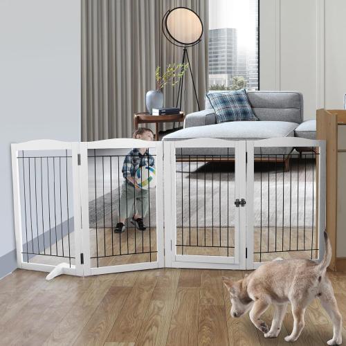 ZJSF White Freestanding Foldable Dog Gate with Door Walk-Through, 4 Panels Tall, 32-Inch H, Iron, Latch