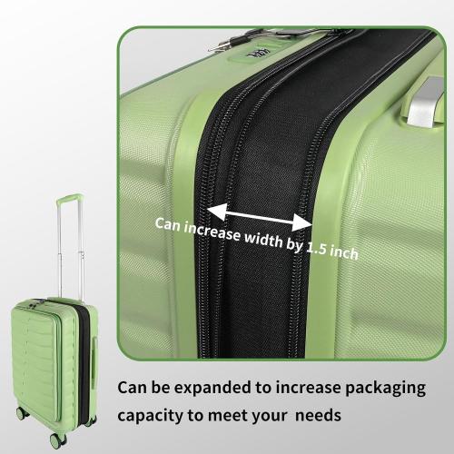Size 22×14×9 Color Green Airline Approved Carry On Luggage with Front Open Pocket, Spinner Wheels, ABS PC Hardshell Small 20inch Suitcase with Protective Cover and Luggage Tag, Avocado Green