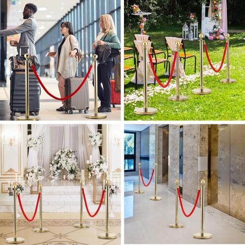Berverra 6pcs Gold Stanchions and Red Velvet Ropes 4pcs, Red Carpet Ropes and Poles, Red Carpet Divider Stands Party Decorations, Gold Stanchions Queue Barrier Reception with Fillable Plastic Base