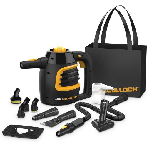McCulloch MC1230 Handheld Steam Cleaner, 10 Minute Runtime, 11 Accessories: Jet Nozzle, Brushes, & More - Built for Home, Tile, Grout, Carpet, Furniture, & Personal Car Detailing