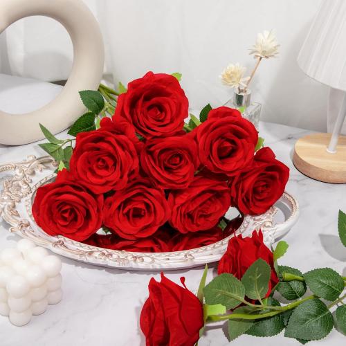 Red Roses Artificial Velvet Silk Flowers Fake Roses Bouquet with medium Stems for Valentines Gifts Wedding Centerpiece Bridal Anniversary DIY Floral Arrangment Home Decor, Red