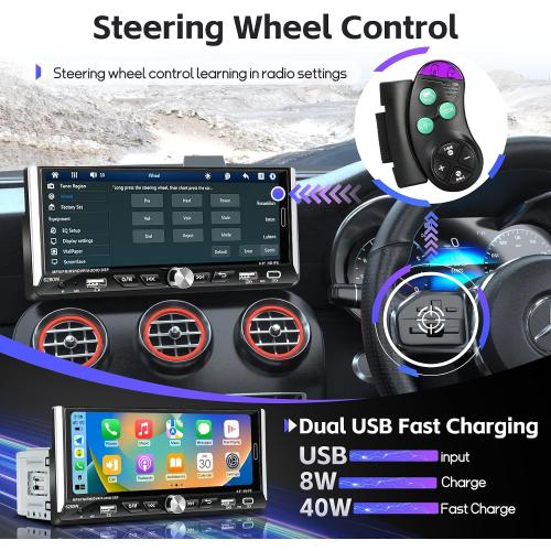 Single Din Radio Car Stereo with Wireless Apple Carplay & Android Auto, 6.9 UHD Touchscreen Car Stereo with Bluetooth, 1080P Backup Camera Mirror Link Navigation USB Type-C Fast Charging FM/AM EQ SWC