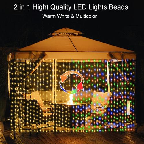 300 LED Fairy Curtain Lights 2 Color Changing, 9.8Ft x 9.8Ft Hanging Lights Battery Operated with Hooks, Outdoor Curtain Light Waterproof for Party Backdrop Patio Decorations (Warm White & Color)