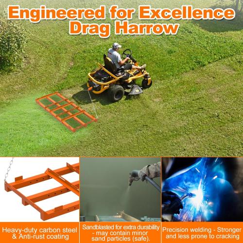 4 Ft Drag Harrow, Heavy Duty Driveway Grader, Tow Behind Lawn Rake with 5 Ft Chain, 4 Safety Belts, 2 Adjustable Bars, Driveway Drag for Gravel, Sand, Lawn, Soil, Hay, ATV, UTV, Mower, Tractor, Orange