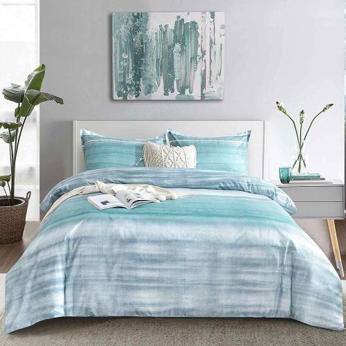 ETDIFFE Comforter Set Queen Size, 3pc Teal Grey and Blue Gradient Striped Pattern Bedding Set - Modern Soft & Lightweight All Season Farmhouse Microfiber Down Alternative Comforter (90x90)