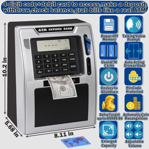 Fishboy Talking ATM Piggy Bank for Kids with Dual Debit Cards, Power-Off Memory, Auto-Opening Drawer for Real Money for Boys, Onekey Shutdown, Bill Feeder, Coin Recognition, Balance Calculator Machine