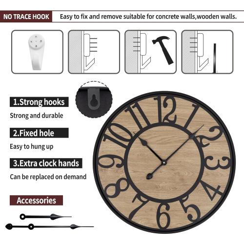 Large Wall Clock for Living Room Decor - Non-Ticking, Battery Operated Modern Vintage Wood Clock for Bedroom, Kitchen, Farmhouse, Office - Oversized Decorative Silent Clock