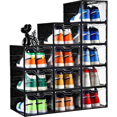 Stebopum 12 Pack Stackable Shoe Storage Organizer with Magnetic Door, Shoe Boxes Clear Black Plastic for Closet, Shoe Rack for Sneaker Boot Container, Shoe Cabinet Fit up to US Size 12