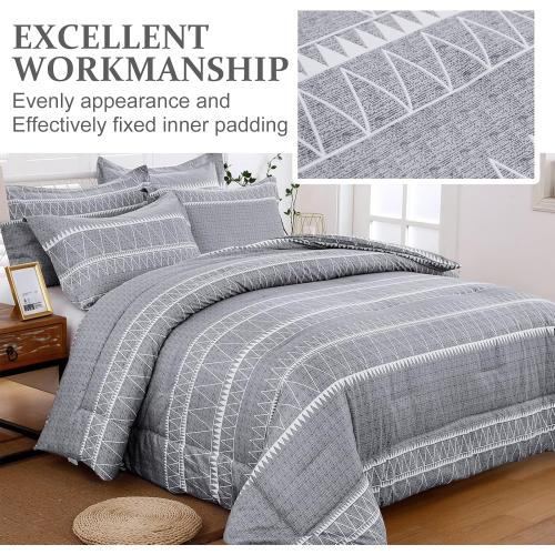 WONGS BEDDING Grey Comforter Set Queen Size, Soft Bohomian Comforter with 2 Pillowcases, Reversible Boho Striped Bedding Set Queen for All Season (90x 90)