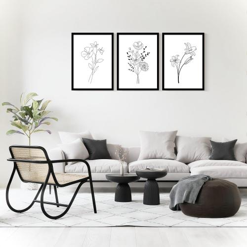 Framed canvas black and white floral wall art three-piece set, decorative painting, simple plant poster, line drawing, flower print, painting decoration suitable for living room and bedroom 16x24 inches.