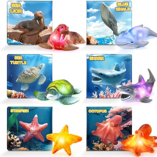 6 Pack Light Up Bath Toys & Magic Bath Book & Storage Bag for Toddler, No Hole Floating Ocean Animal with LED Flashing Colors, Glow Sensory Bathtub Toy for Kid, Water Table Toy, Gift for Boy Girl