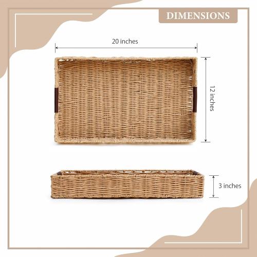 Size 20x12 Color Brown Handwoven Multipurpose Rectangle Rattan Tray, 20” x 12” – Durable Wicker Tray with Leather Handles for Home Decor Display