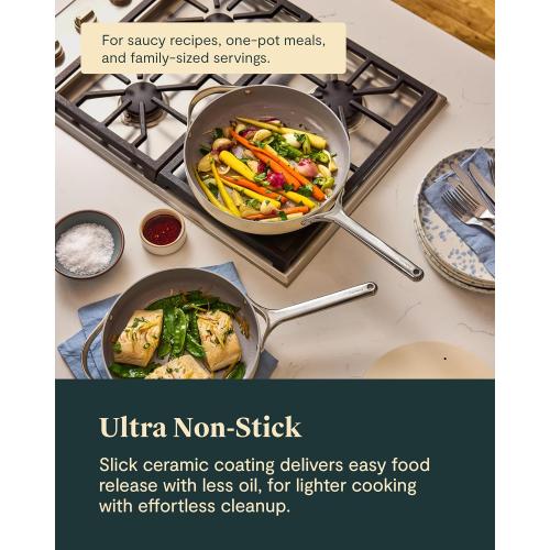 Caraway Nonstick Ceramic Sauté Pan with Lid (4.5 qt, 12) - Non Toxic, PTFE & PFOA Free - Oven Safe & Compatible with All Stovetops (Gas, Electric & Induction) - Cream