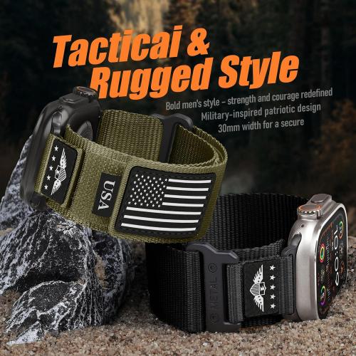Rugged Nylon for Apple Watch Ultra 2 Band 49mm iWatch Bands 46mm 45mm 44mm 42mm Men,Soft Woven Adjustable Stars-Stripes Flag Wristbands Strap for Apple Watch Ultra Series 10/9/8/7/6/5/4/3/SE/Ultra2