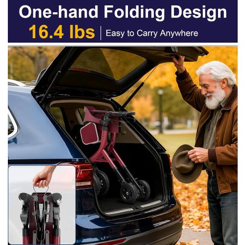 HOMLAND Foldable Rollator Walkers for Seniors with Seat, 10 All-Terrain Wheels & Curb Climber, 16.4 lb Lightweight Walker with Lockable Brakes, 300 lbs Capacity, Burgundy
