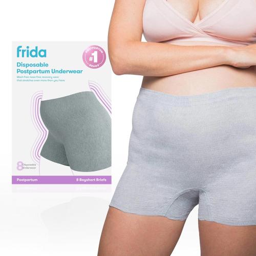 Frida Mom Gray 4pk Postpartum Underwear, Disposable Boyshort Panties, Seamless, Stretch Support, New Mom Essentials, Size M/L