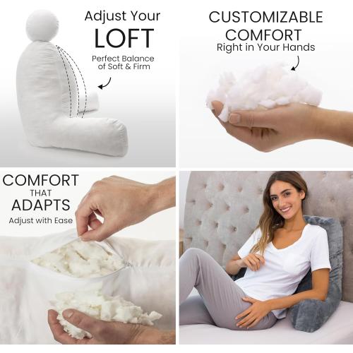 Husband Pillow Dark Grey, Standard  Original Reading Pillow in Bed Rest Chair, Shredded Memory Foam Large Lounge Cushion Adult Backrest w/Arms, Comfy Back Support for Sit Sitting Up, Removable Cover