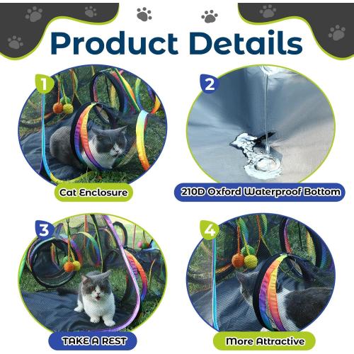 CypherX Outdoor Rainbow Cat Enclosure, 7-in-1 Portable Pop Up Cat Tents and Tunnels for Outside, Outdoor Catio Mesh Pet Playpen House, Large Playground for Large Cats and Other Animals