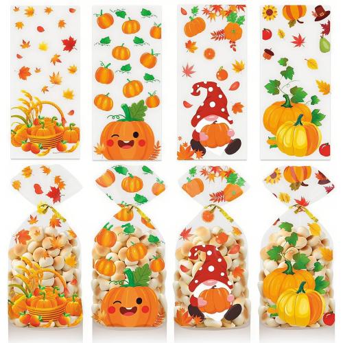 50Pcs Fall Thanksgiving Treat Bags, Happy Thanksgiving Candy Bags, Plastic Thanksgiving Goodie Bag, Fall Treat Goodie Cellophane Gift Bags with Twist Ties for Fall Party Decorations Supplies Favors