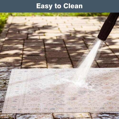 6.5x10 Durable Vinyl Rugs for Living Room, Vintage Floral Pattern for Dining Room, Bedroom, Home Office, Bobo Beige Non-Slip Large Rugs for Indoor&Outdoor RV, Deck, Backyard, Balcony,Modern Home Decor