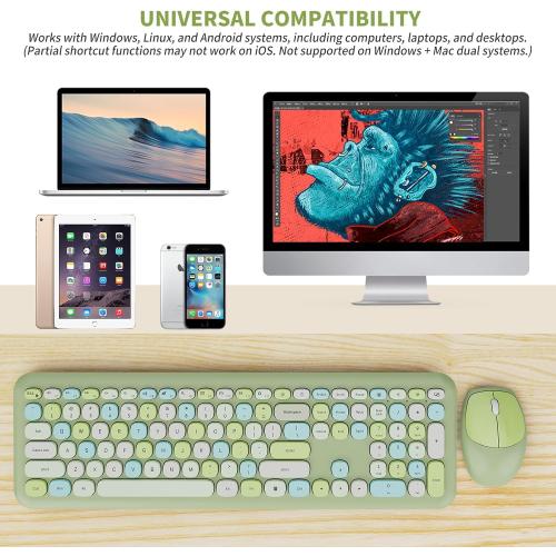 Wireless Keyboard and Mouse Combo, Colorful Ergonomic Full Size Retro Low-Noise Keyboard with Cute keycaps, Compatible with Windows, PC, Perfer for Home and Office Keyboards (Green)