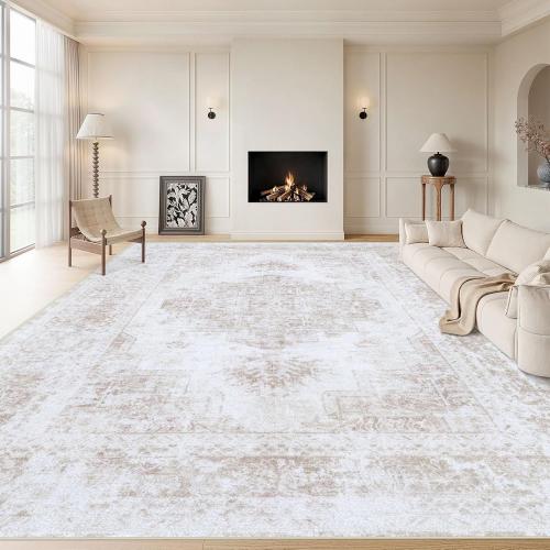 Area Rug Living Room Rug, Machine Washable Vintage Distressed Medallion Rug Non-Slip Soft Low Pile Large Indoor Rugs for Bedroom Kitchen Dining Room Office(stone grey/ beige)