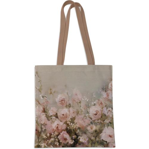 Vintage Pink Rose Floral Canvas Tote Bag, Cottagecore Botanical Wildflower Reusable Grocery Shopping Bag