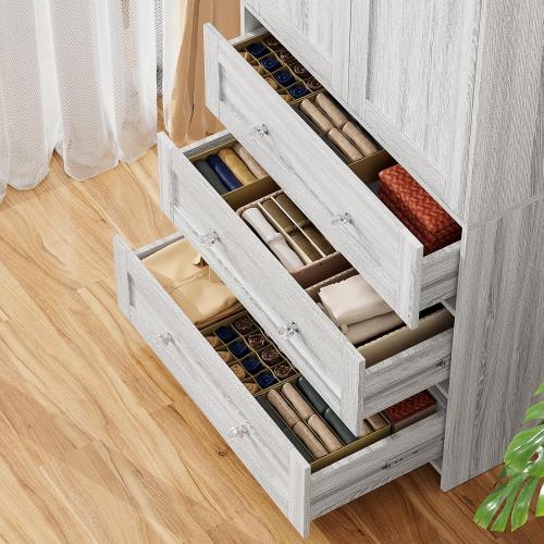 Armoire Wardrobe Closet with Drawers Gray Oak and Mirror, Clothing Storage Cabinet with Hanging Rod, 2 Doors Wooden Wardrobe Cabinet for Bedroom, Large Capacity Storage
