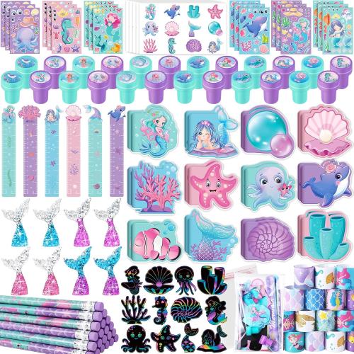 BenLouis 120Pcs Mermaid Party Favors Little Mermaid Pencils Stickers School Stationery Bulk for Kids Sea Birthday Decor Baby Shower Candy Goodie Bag Stuffer Classroom Rewards Pinata Supplies