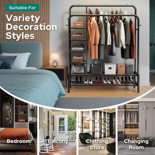 Clothes Rack, Double Rods Clothing Rack with 2 Bottom Shelves & 4 Side Shelves, Metal Garment Rack for Hanging Clothes, Heavy Duty Clothes Rack for Bedroom, Laundry, Living Room, Black