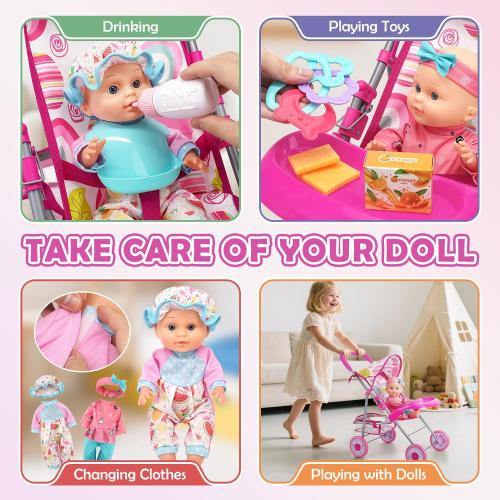 Baby Doll Stroller Set with 12.5 Doll, Baby Dining Table, Backpack with Carrier, 21 PCS Baby Doll Accessories Stroller Toys, 2 Sets Doll Clothes, Feeding Set Girls Toddlers Gifts for Pretend Play