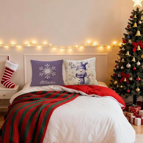 Purple Christmas Snowflake Snowman Pillow Covers 18x18 Set of 2, Winter Home Decor, Purple Hello Winter Snowman Holiday Xmas Decorative Pillow Covers for Home Living Room Bedroom