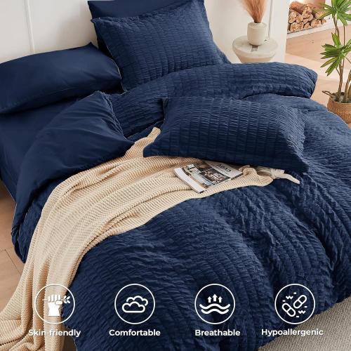 HYMOKEGE Navy Blue Queen Comforter Set Seersucker  All Season Luxury Bed in a Bag for Bedroom, Bedding Set with Comforters, Sheets, Pillowcases & Shams