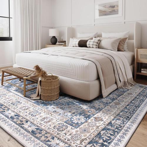 zesthome 8x10 Area Rugs for Living Room,Non-Slip Backing Washable Rugs,Vintage Large Area Rug,Stain Resistant Home Decor Rug (Blue/Beige,8'x10')