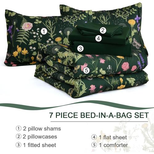 Yiran Queen Comforter Set 7 Piece, Dark Green Floral Bedding Set, Bed in a Bag Queen with Botanical Flowers Patterns, Soft Microfiber Complete Bedding Set with Sheets for All Season