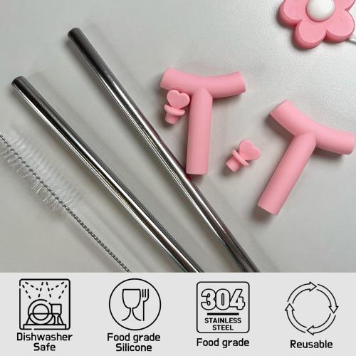 Anti Wrinkle Straw Pink Silicone Cover tips and heart Toppers for Stanley 40 oz & 30 oz Tumblers - Metal Straws Reusable Wrinkle Free Extra Long 2-Pack with Cleaning Brush