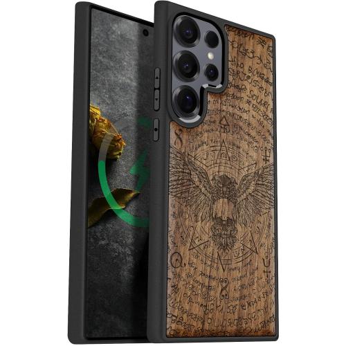 Carveit Magnetic Wooden Case for Samsung Galaxy S25 Ultra Case 2025, TPU Shockproof Cover & Wood Artisan Engraved, Compatible with MagSafe Wireless Chargers (Owl and Skull) Walnut