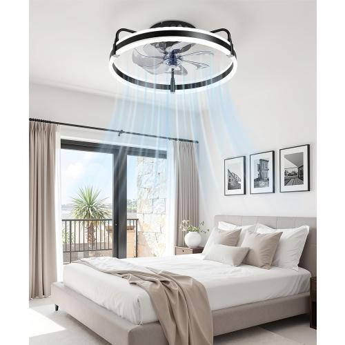 Ceiling Fan with Lights, 20'' Low Profile Ceiling Fans, 3000-6500K Dimmable Fandelier LED Fan Light, Black Modern Flush Mount Ceiling Fan, 6 Speeds Reversible DC Motor Noiseless for Bedroom, Kids Room