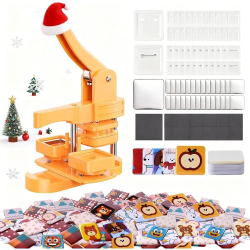 Alldeer-Square-Button-Maker-Machine, 50mm/1.97 inch Fridge Magnet Button Maker Kit, with 50pcs Magnet Supplies   50pcs Plastic Pinback Supplies, Easy Craft Tool for DIY Gifts
