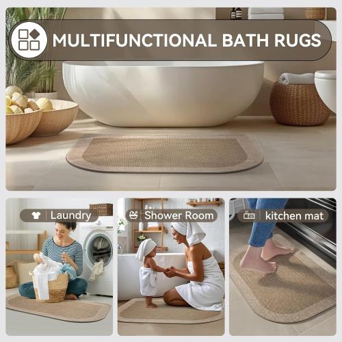 Half Circle Bath Mat, Non Slip Bath Mat, Thin Bathroom Rugs Fit Under Door Quick Dry Absorbent Washable Bathroom Mat with Rubber Backing, Brown Beige 16x24
