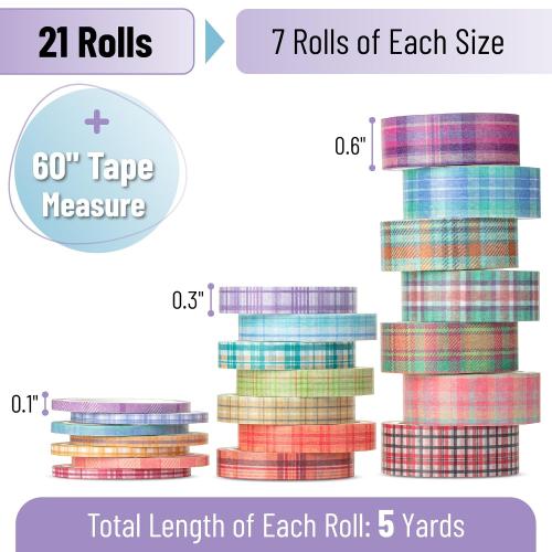 Mr. Pen- Washi Tape Set, 21 Rolls, Assorted Sizes, Plaid Design, Washi Tape for Journaling