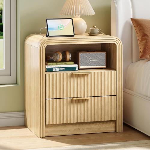 Size 19.7 Color brown Fluted Nightstand with Charging Station, 19.7'' Wide Morden End Table with USB/Type-C Ports, 2 Drawers & Open Shelf, Curved Profile Design, Wood Bedside Table for Bedroom (Natural Oak)