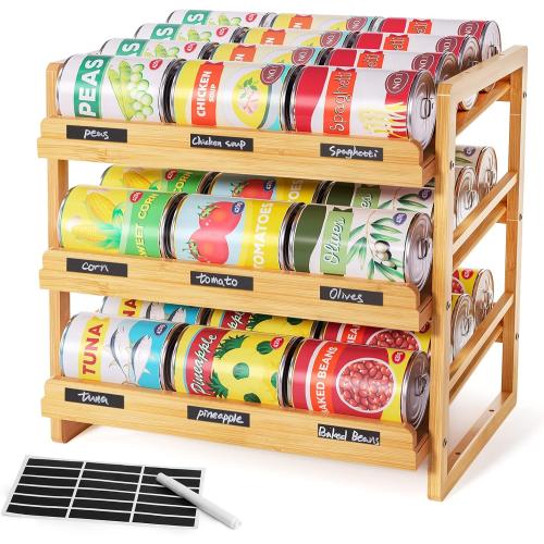 Bamboo Can Organizer for Pantry, 3 Tier Stackable Can Storage Organizer Pantry with Label Sticker and Marker Pen, Can Holders for Cabinet and Can Rack Organizer (Natural Bamboo)