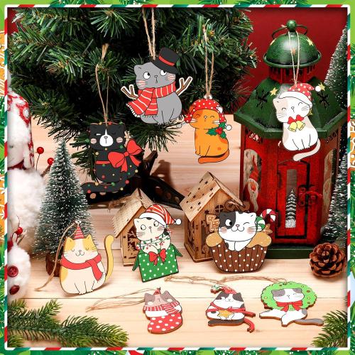 Spiareal 40 Pcs Christmas Cat Ornament Set Xmas Decor Tree Hanging Cat Wooden Holiday Decoration Ornaments for Christmas Tree Outdoor Hanging (Cute)