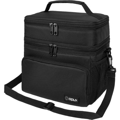 opux Insulated 2 Deck Lunch Bag for Men Women, Large Dual Compartment Cooler Bag for Work School Picnic, Leakproof with Strap for Kid Adult (Black)