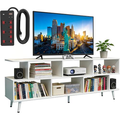 65 White TV Stand with Power Outlet for TVs up to 75, Large Entertainment Center with 8 Open Shelves,Media Console Table for Living Room/Entrance/Kitchen/Sofa Cabinet, Easy Assembly