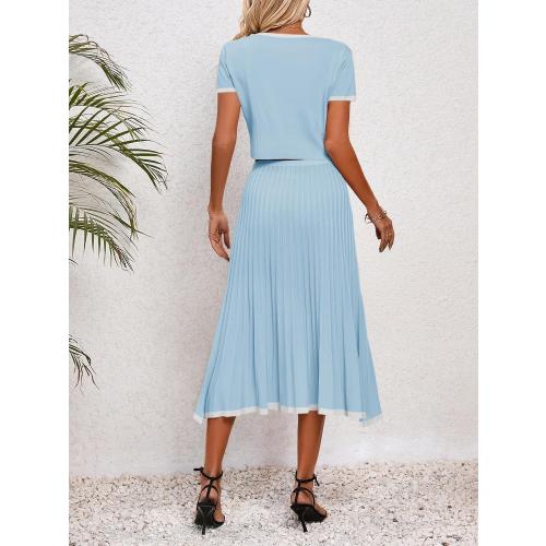 Size L/Xl...Womens 2 Piece Sweater Outfits Sets Short Sleeve V Neck Crop Top Knit Midi Long Pleated Skirt Dresses